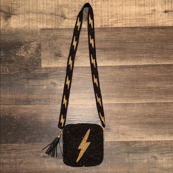 Moyna Black and Gold Lightning Crossbody Bag - Picture 1 of 2